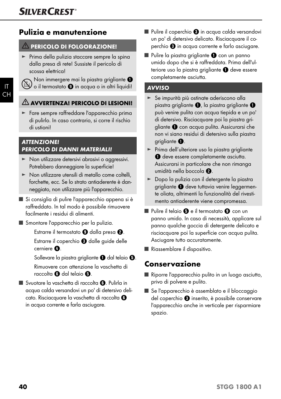 Pulizia e manutenzione, Conservazione | Silvercrest STGG 1800 A1 User Manual | Page 43 / 68