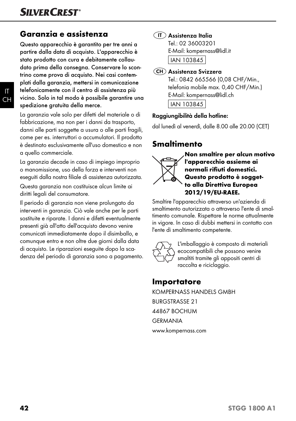Garanzia e assistenza, Smaltimento, Importatore | Silvercrest STGG 1800 A1 User Manual | Page 45 / 68