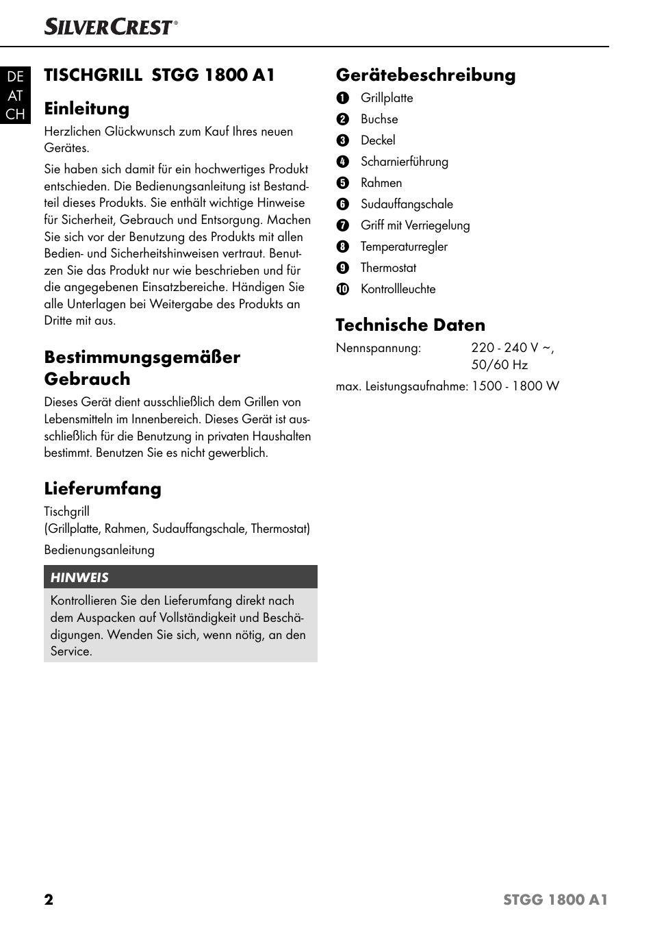 Bestimmungsgemäßer gebrauch, Lieferumfang, Gerätebeschreibung | Technische daten | Silvercrest STGG 1800 A1 User Manual | Page 5 / 68