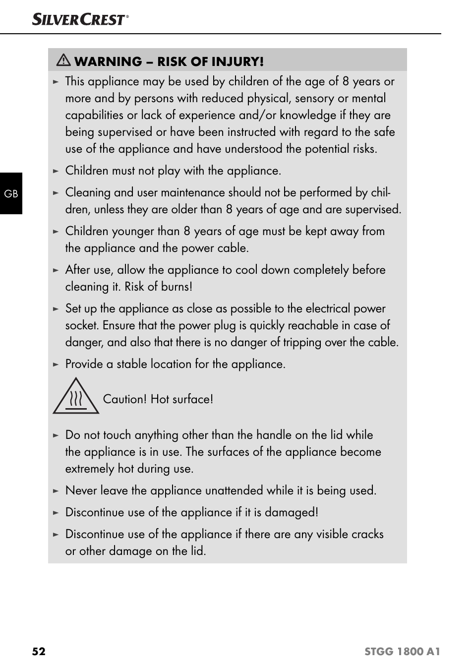 Warning – risk of injury, Children must not play with the appliance, Discontinue use of the appliance if it is damaged | Silvercrest STGG 1800 A1 User Manual | Page 55 / 68