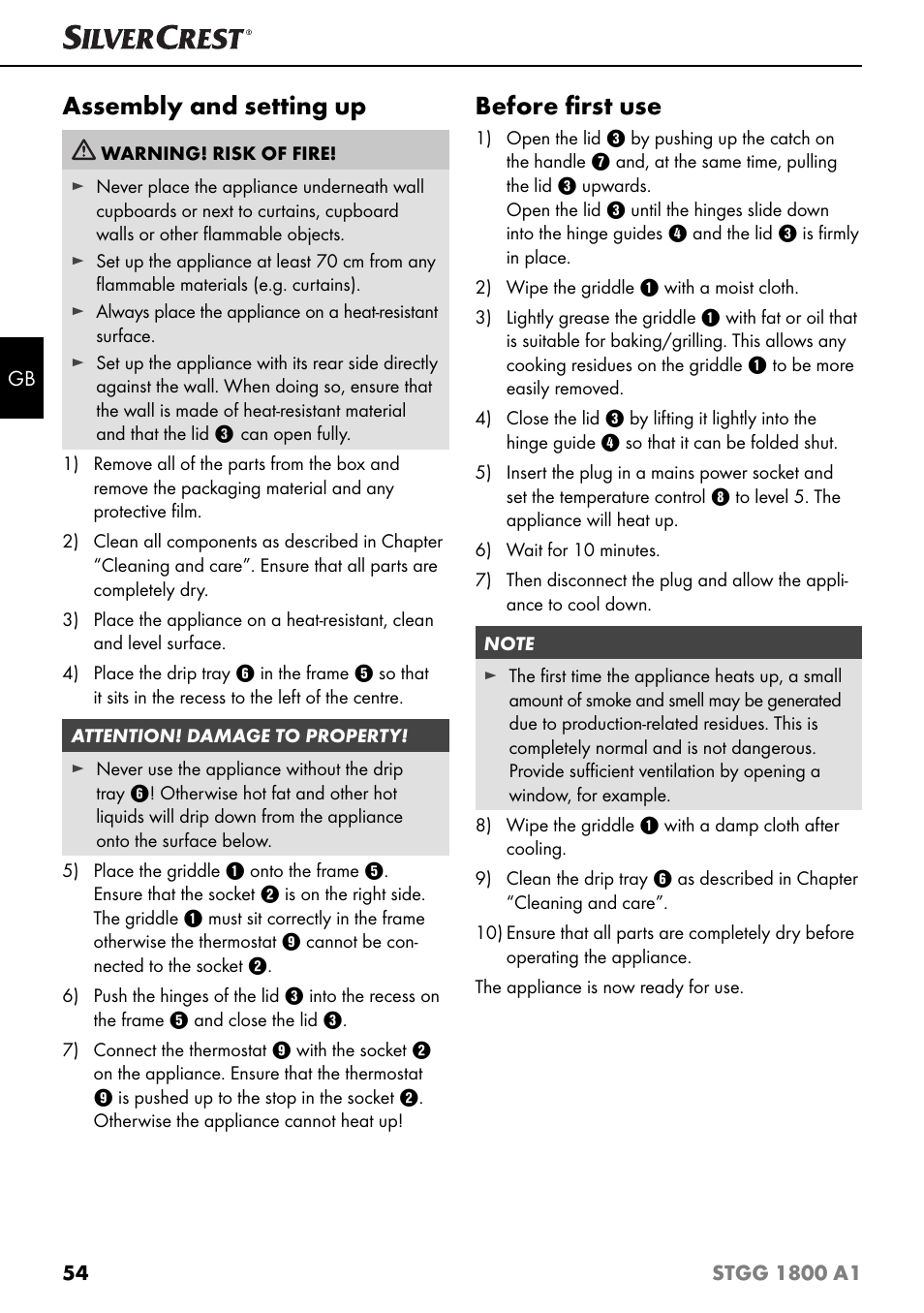 Assembly and setting up, Before ﬁ rst use | Silvercrest STGG 1800 A1 User Manual | Page 57 / 68