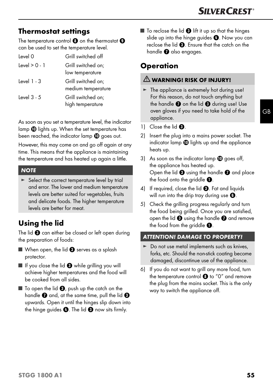 Thermostat settings, Using the lid, Operation | Silvercrest STGG 1800 A1 User Manual | Page 58 / 68