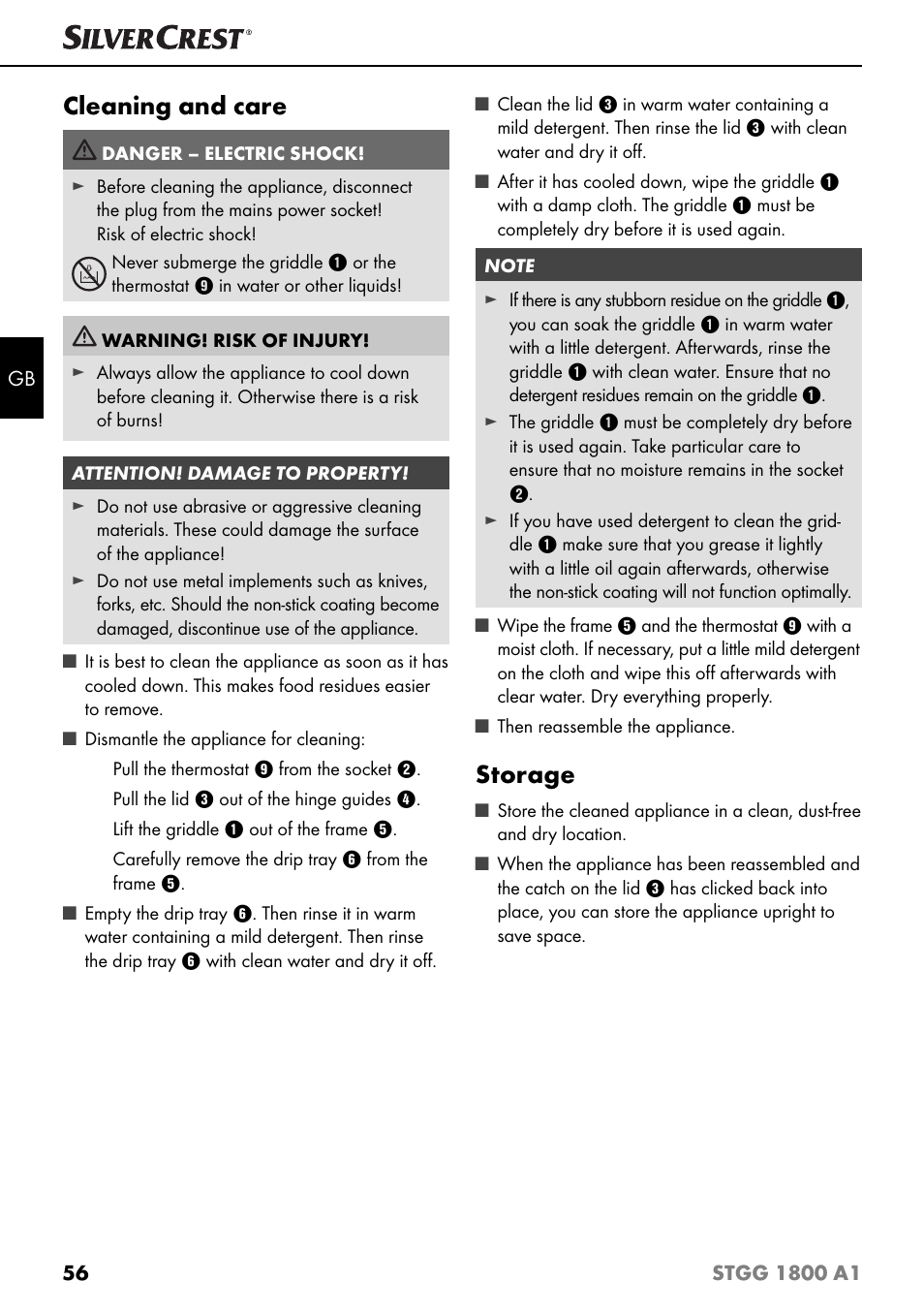 Cleaning and care, Storage | Silvercrest STGG 1800 A1 User Manual | Page 59 / 68