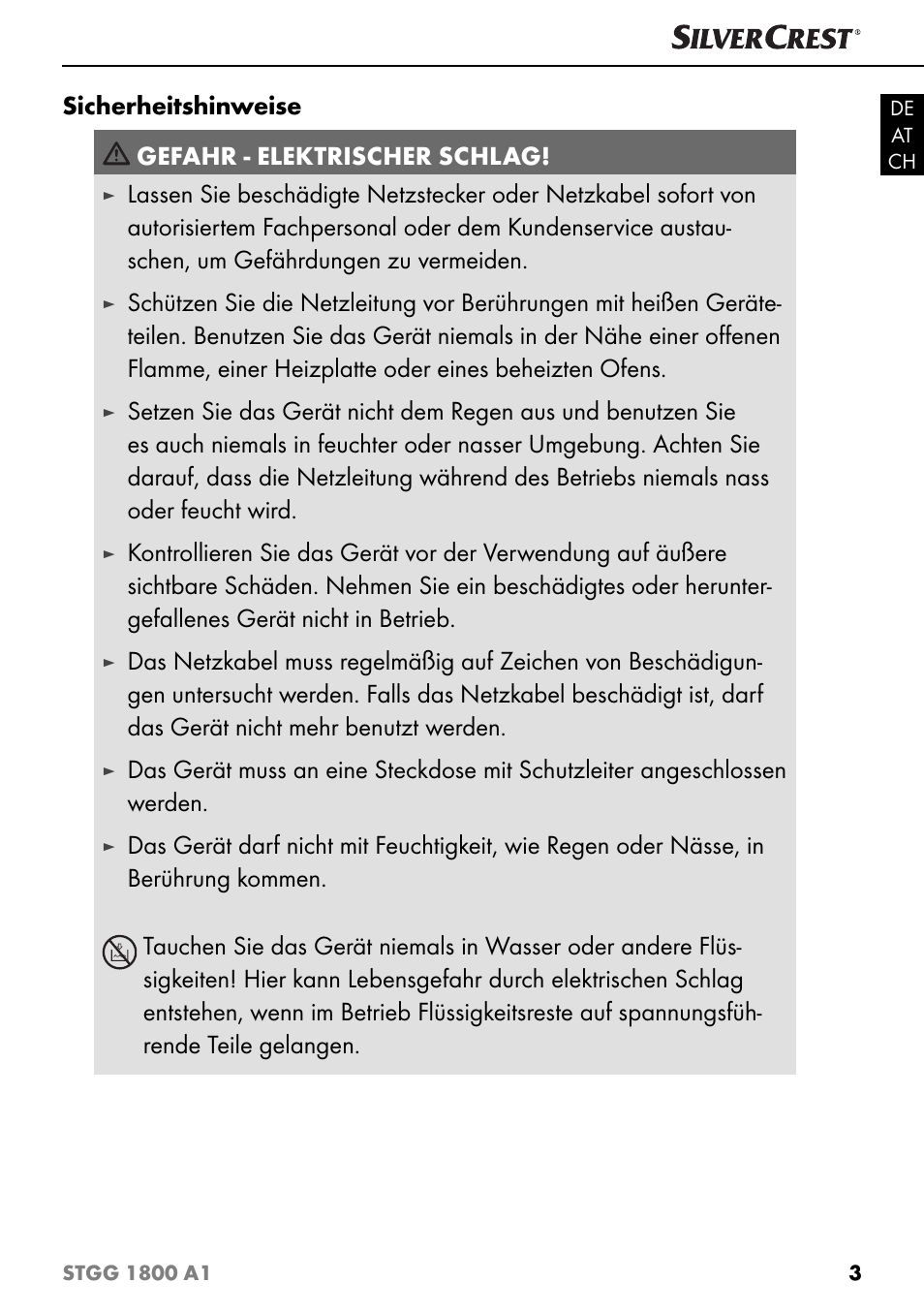 Sicherheitshinweise gefahr - elektrischer schlag | Silvercrest STGG 1800 A1 User Manual | Page 6 / 68