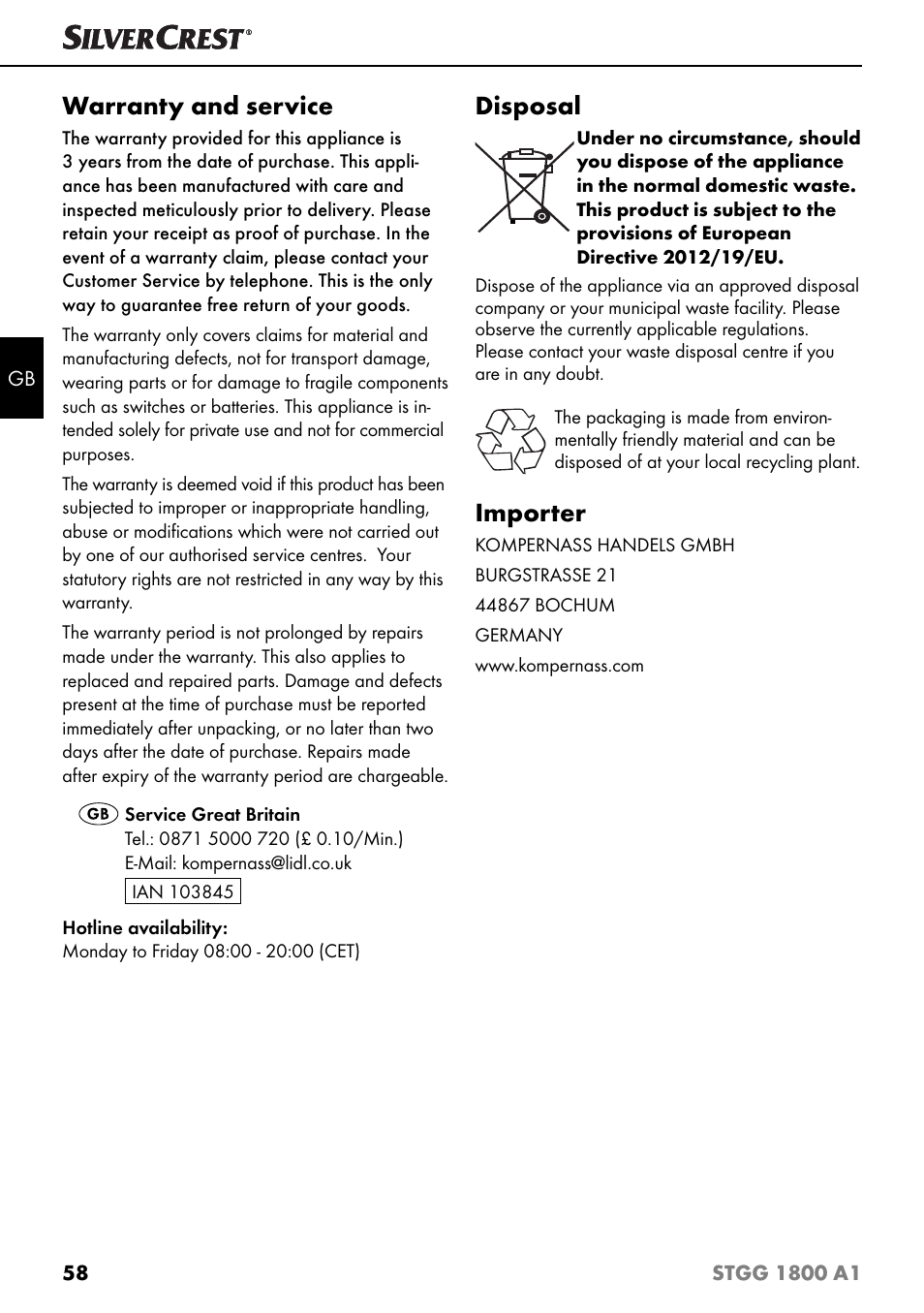 Warranty and service, Disposal, Importer | Silvercrest STGG 1800 A1 User Manual | Page 61 / 68