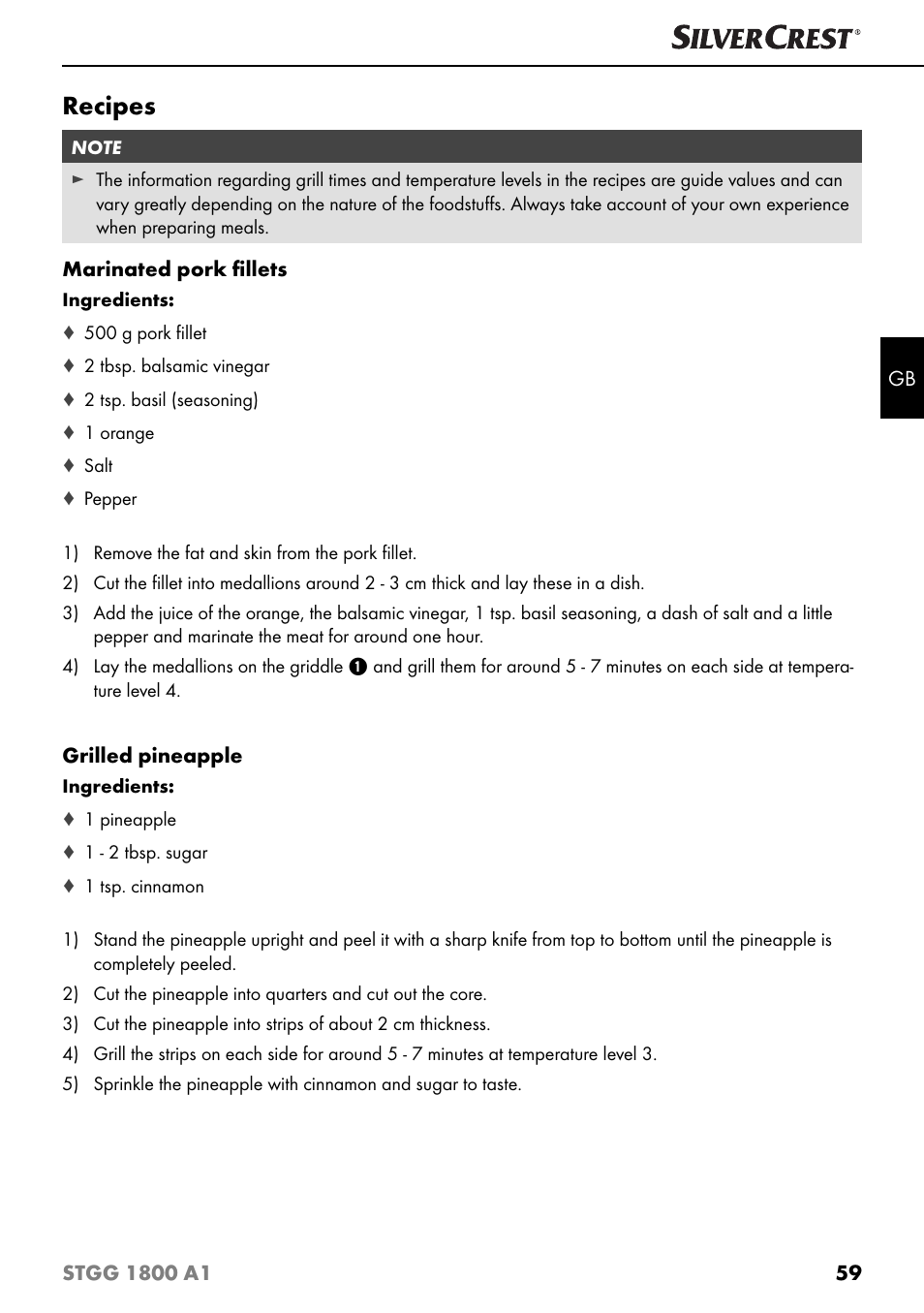 Recipes | Silvercrest STGG 1800 A1 User Manual | Page 62 / 68