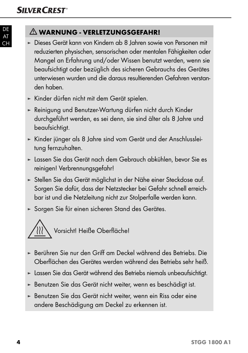 Warnung - verletzungsgefahr, Kinder dürfen nicht mit dem gerät spielen | Silvercrest STGG 1800 A1 User Manual | Page 7 / 68