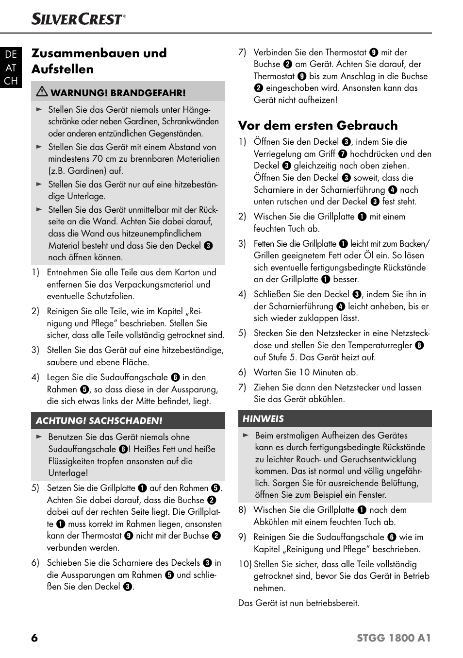 Zusammenbauen und aufstellen, Vor dem ersten gebrauch | Silvercrest STGG 1800 A1 User Manual | Page 9 / 68