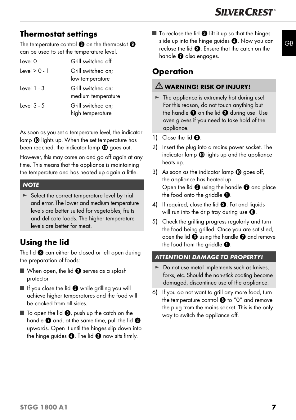 Thermostat settings, Using the lid, Operation | Silvercrest STGG 1800 A1 User Manual | Page 10 / 100