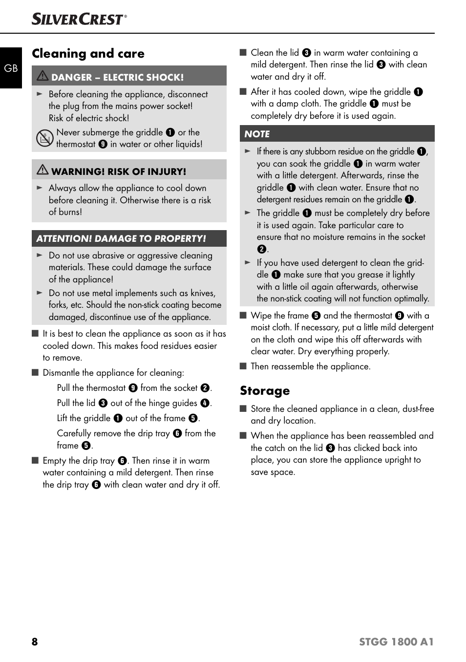 Cleaning and care, Storage | Silvercrest STGG 1800 A1 User Manual | Page 11 / 100