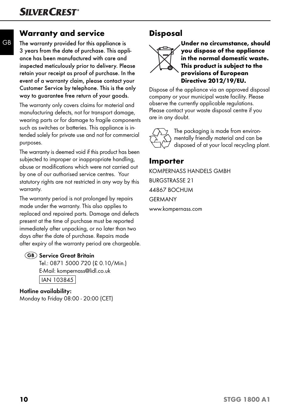 Warranty and service, Disposal, Importer | Silvercrest STGG 1800 A1 User Manual | Page 13 / 100