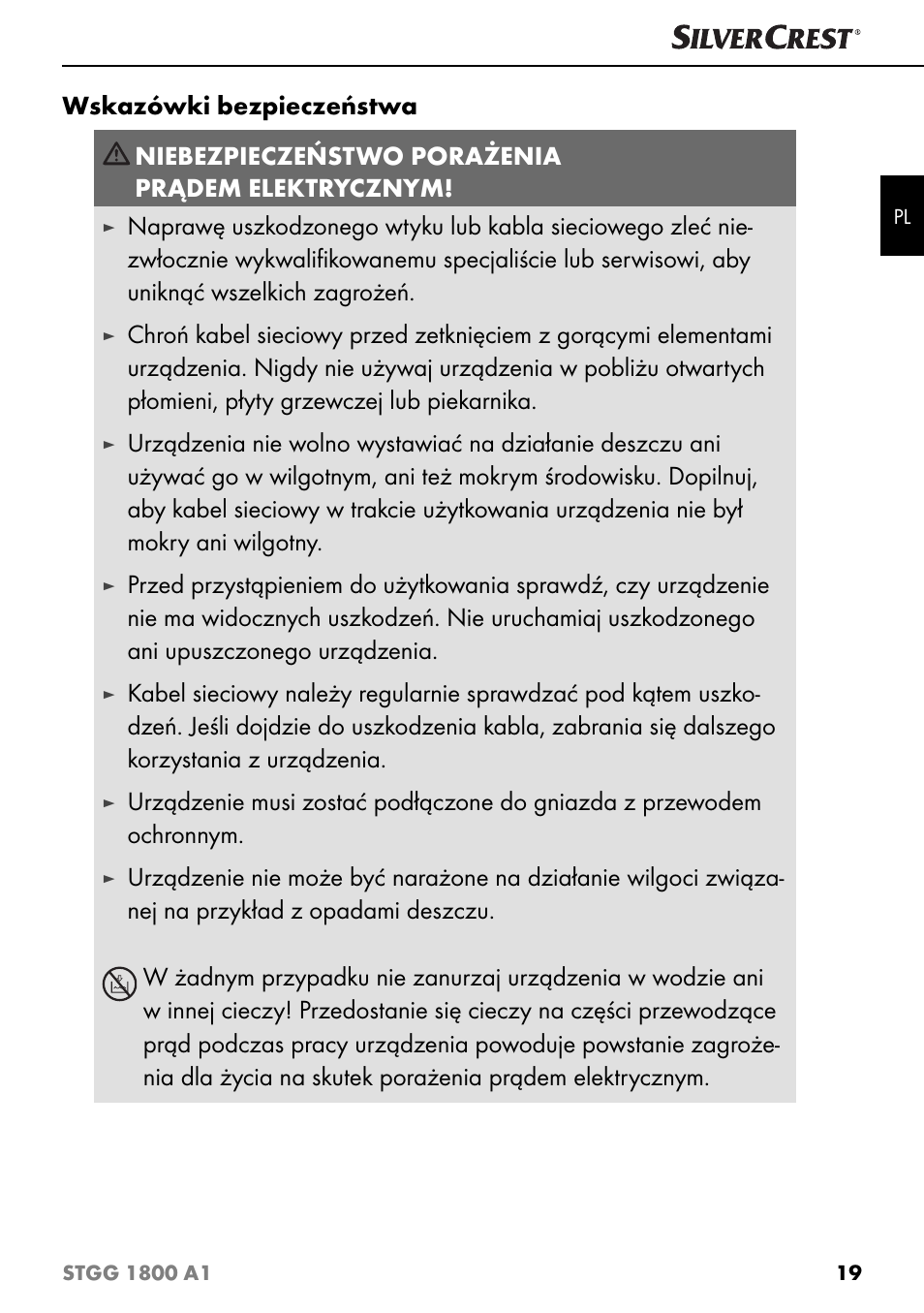 Wskazówki bezpieczeństwa, Niebezpieczeństwo porażenia prądem elektrycznym | Silvercrest STGG 1800 A1 User Manual | Page 22 / 100