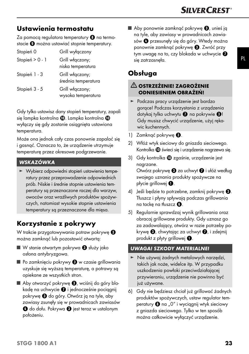 Ustawienia termostatu, Korzystanie z pokrywy, Obsługa | Silvercrest STGG 1800 A1 User Manual | Page 26 / 100
