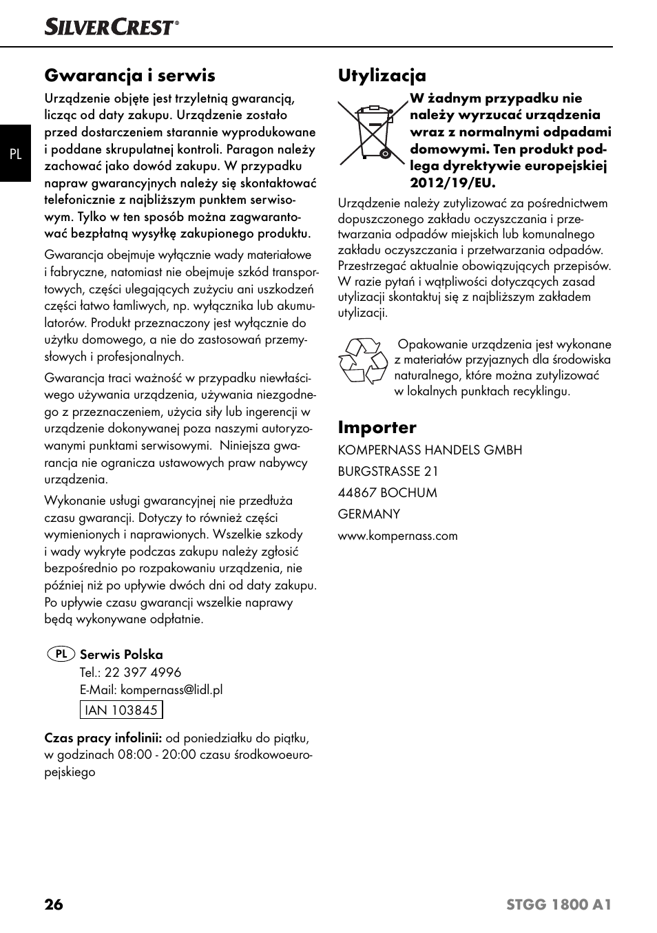 Gwarancja i serwis, Utylizacja, Importer | Silvercrest STGG 1800 A1 User Manual | Page 29 / 100