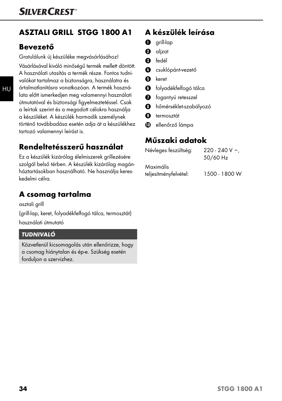 Rendeltetésszerű használat, A csomag tartalma, A készülék leírása | Műszaki adatok | Silvercrest STGG 1800 A1 User Manual | Page 37 / 100