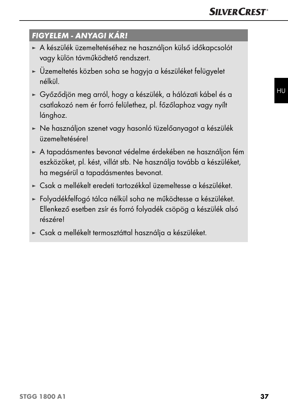 Figyelem - anyagi kár | Silvercrest STGG 1800 A1 User Manual | Page 40 / 100