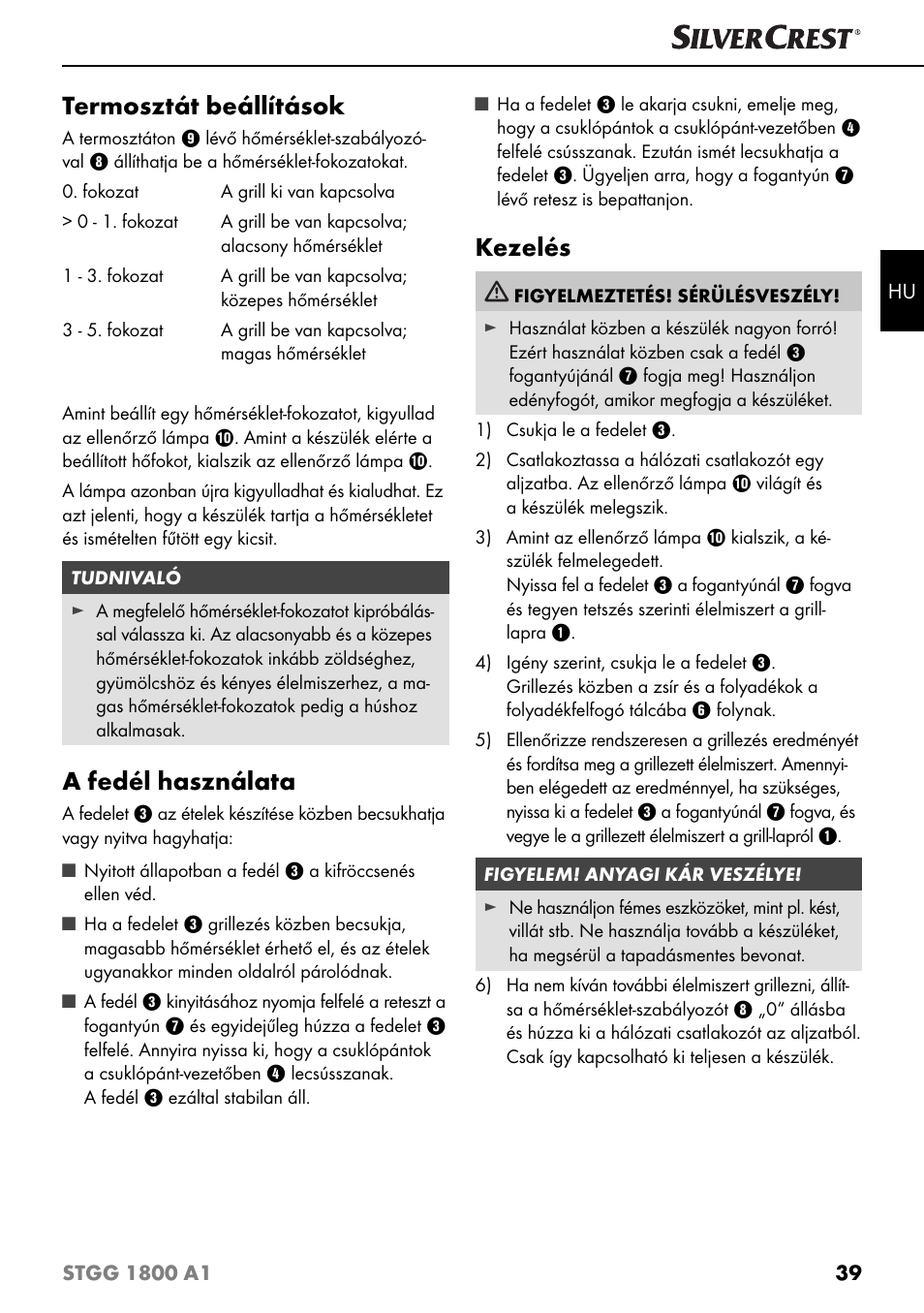 Termosztát beállítások, A fedél használata, Kezelés | Silvercrest STGG 1800 A1 User Manual | Page 42 / 100