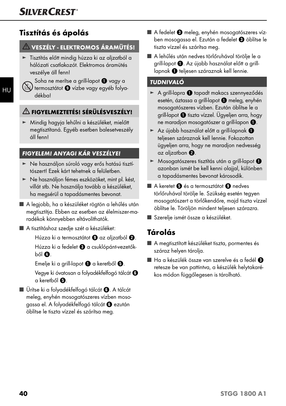 Tisztítás és ápolás, Tárolás | Silvercrest STGG 1800 A1 User Manual | Page 43 / 100