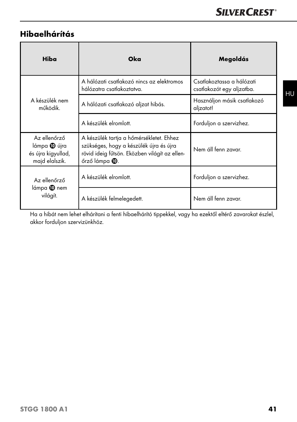 Hibaelhárítás | Silvercrest STGG 1800 A1 User Manual | Page 44 / 100