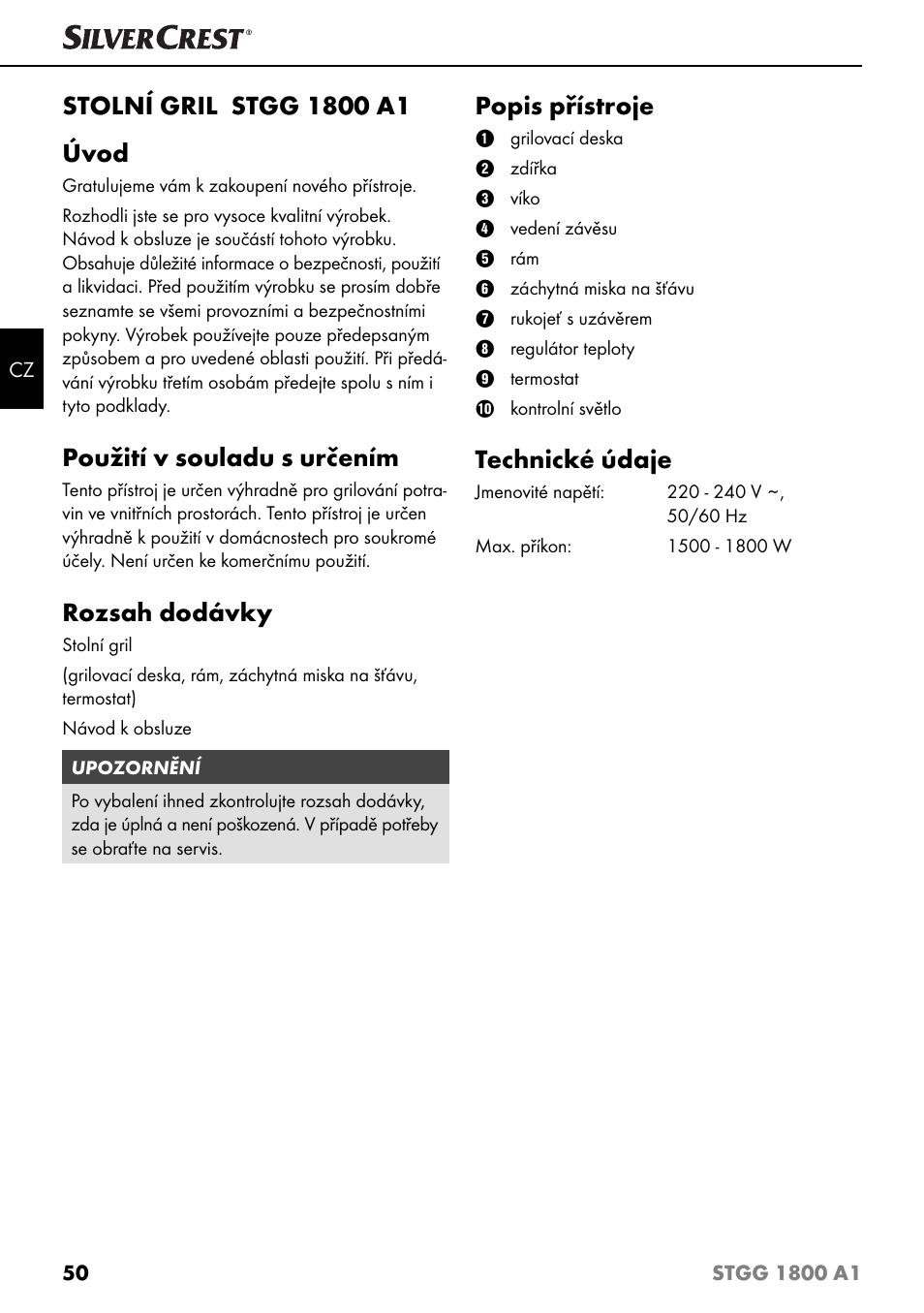 Použití v souladu s určením, Rozsah dodávky, Popis přístroje | Technické údaje | Silvercrest STGG 1800 A1 User Manual | Page 53 / 100