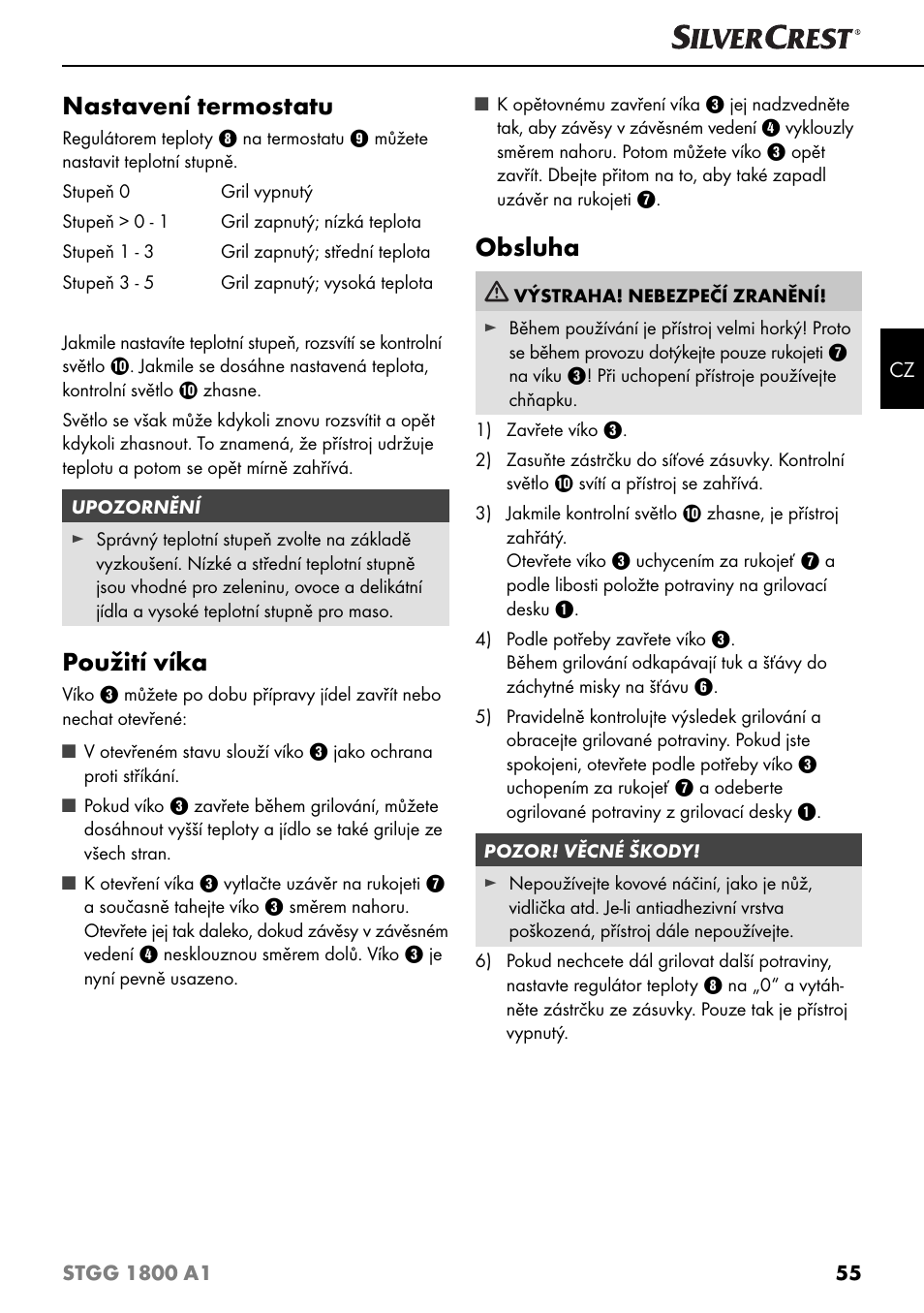 Nastavení termostatu, Použití víka, Obsluha | Silvercrest STGG 1800 A1 User Manual | Page 58 / 100