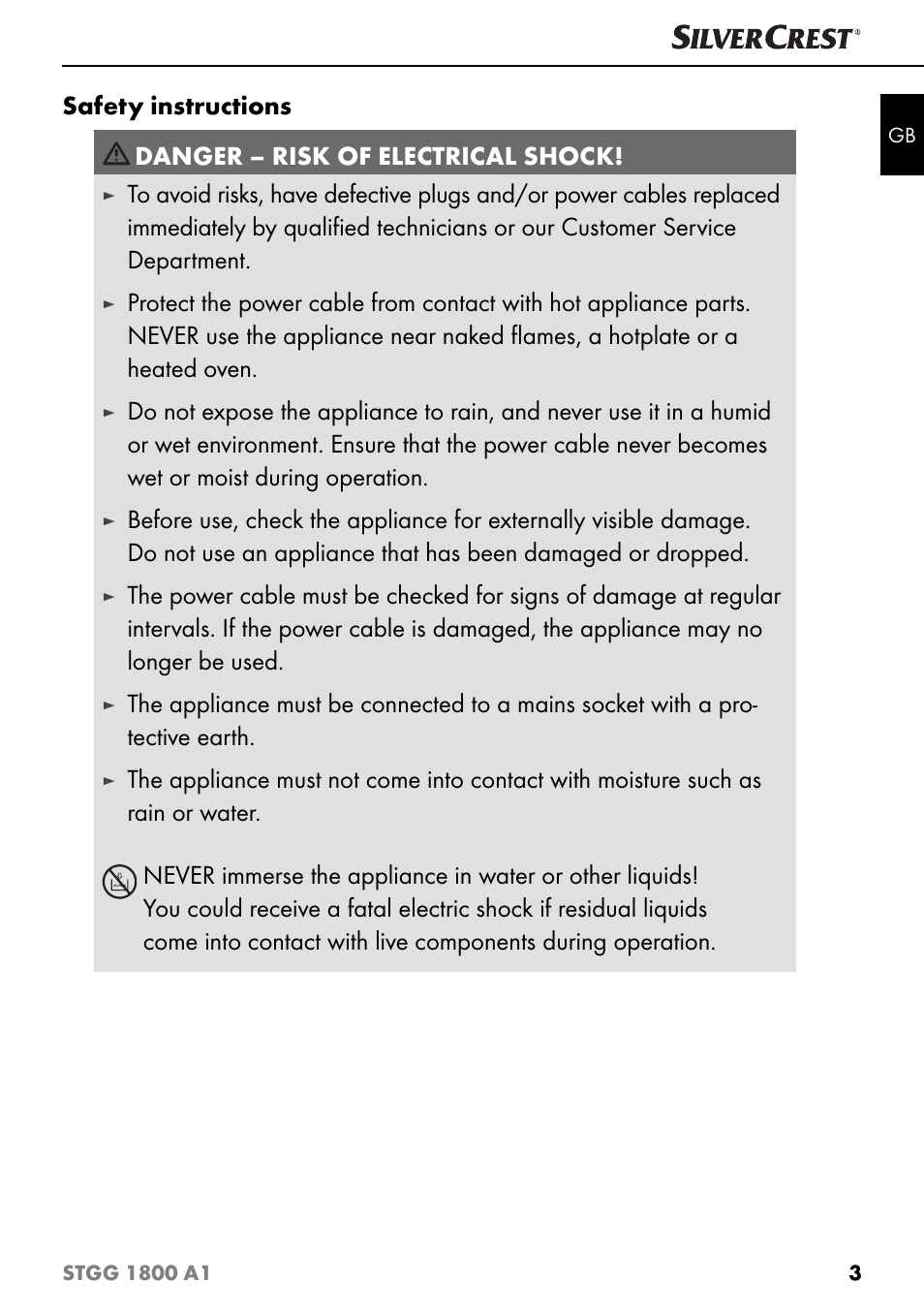 Safety instructions, Danger – risk of electrical shock | Silvercrest STGG 1800 A1 User Manual | Page 6 / 100