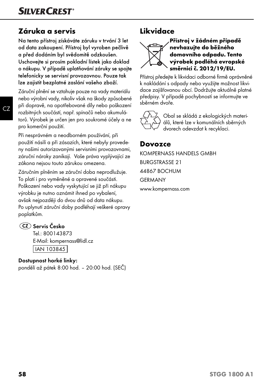 Záruka a servis, Likvidace, Dovozce | Silvercrest STGG 1800 A1 User Manual | Page 61 / 100