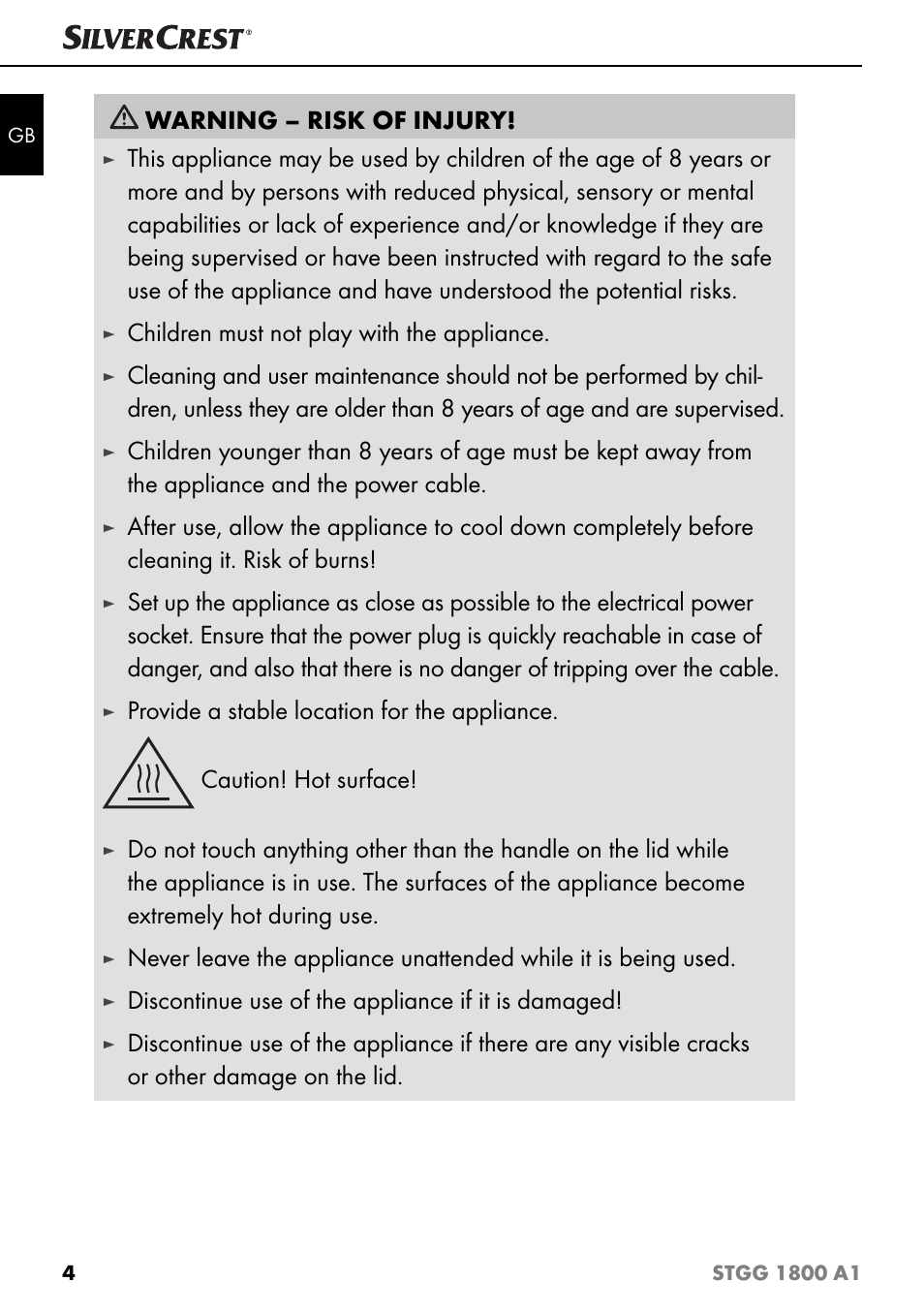 Warning – risk of injury, Children must not play with the appliance, Discontinue use of the appliance if it is damaged | Silvercrest STGG 1800 A1 User Manual | Page 7 / 100