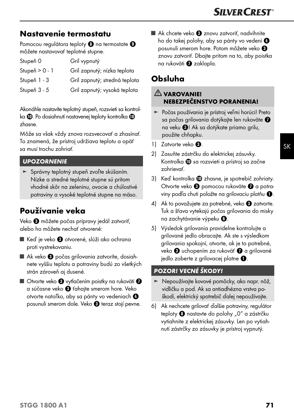 Nastavenie termostatu, Používanie veka, Obsluha | Silvercrest STGG 1800 A1 User Manual | Page 74 / 100