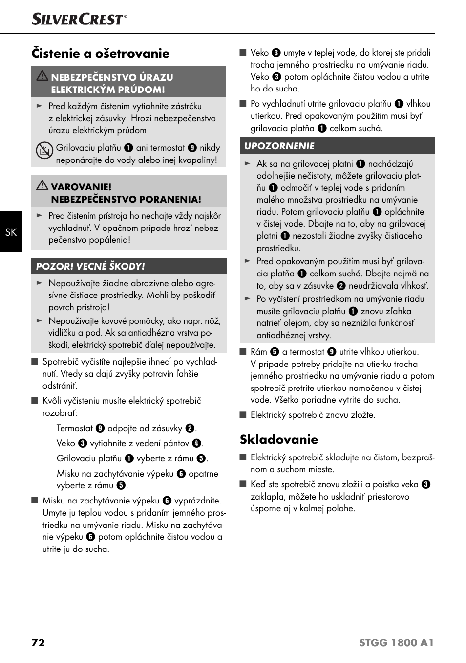 Čistenie a ošetrovanie, Skladovanie | Silvercrest STGG 1800 A1 User Manual | Page 75 / 100