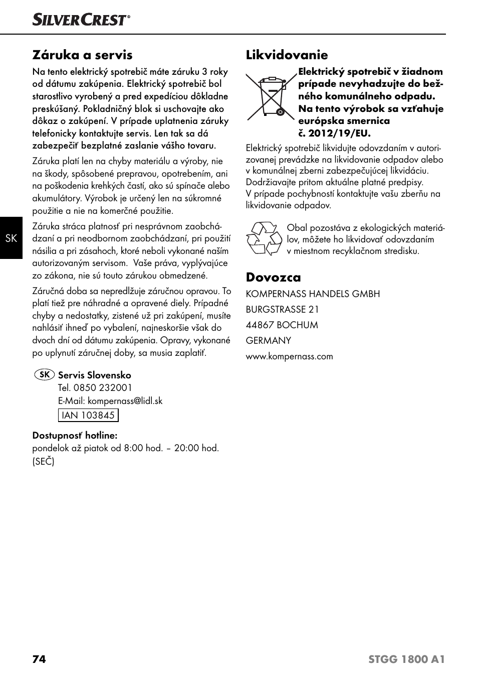 Záruka a servis, Likvidovanie, Dovozca | Silvercrest STGG 1800 A1 User Manual | Page 77 / 100