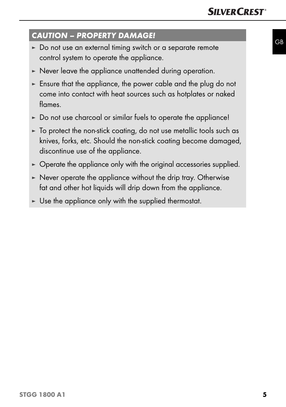 Caution – property damage | Silvercrest STGG 1800 A1 User Manual | Page 8 / 100
