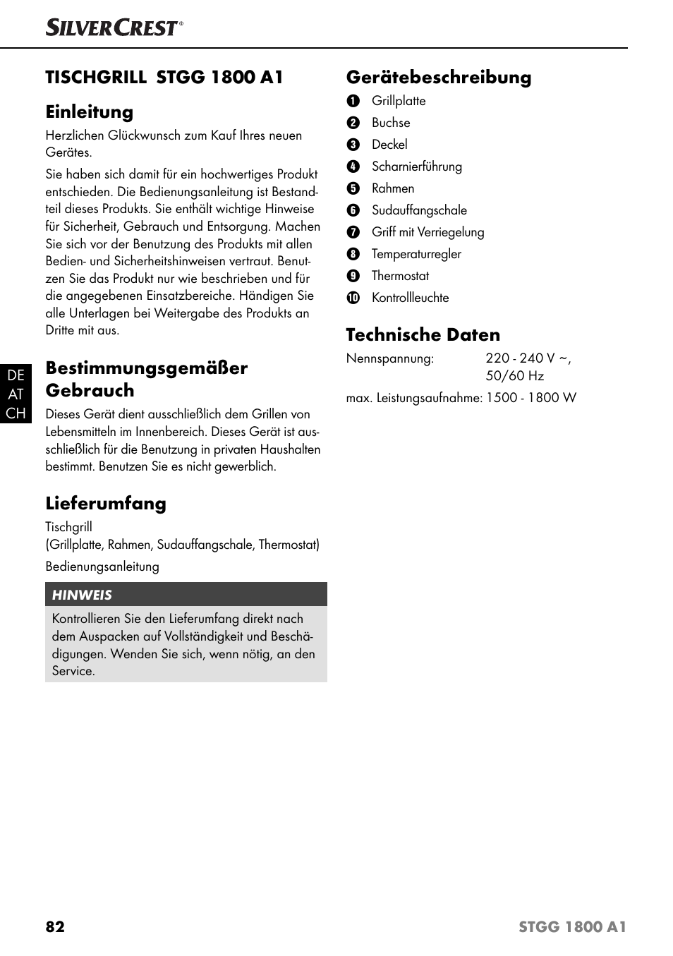 Bestimmungsgemäßer gebrauch, Lieferumfang, Gerätebeschreibung | Technische daten | Silvercrest STGG 1800 A1 User Manual | Page 85 / 100