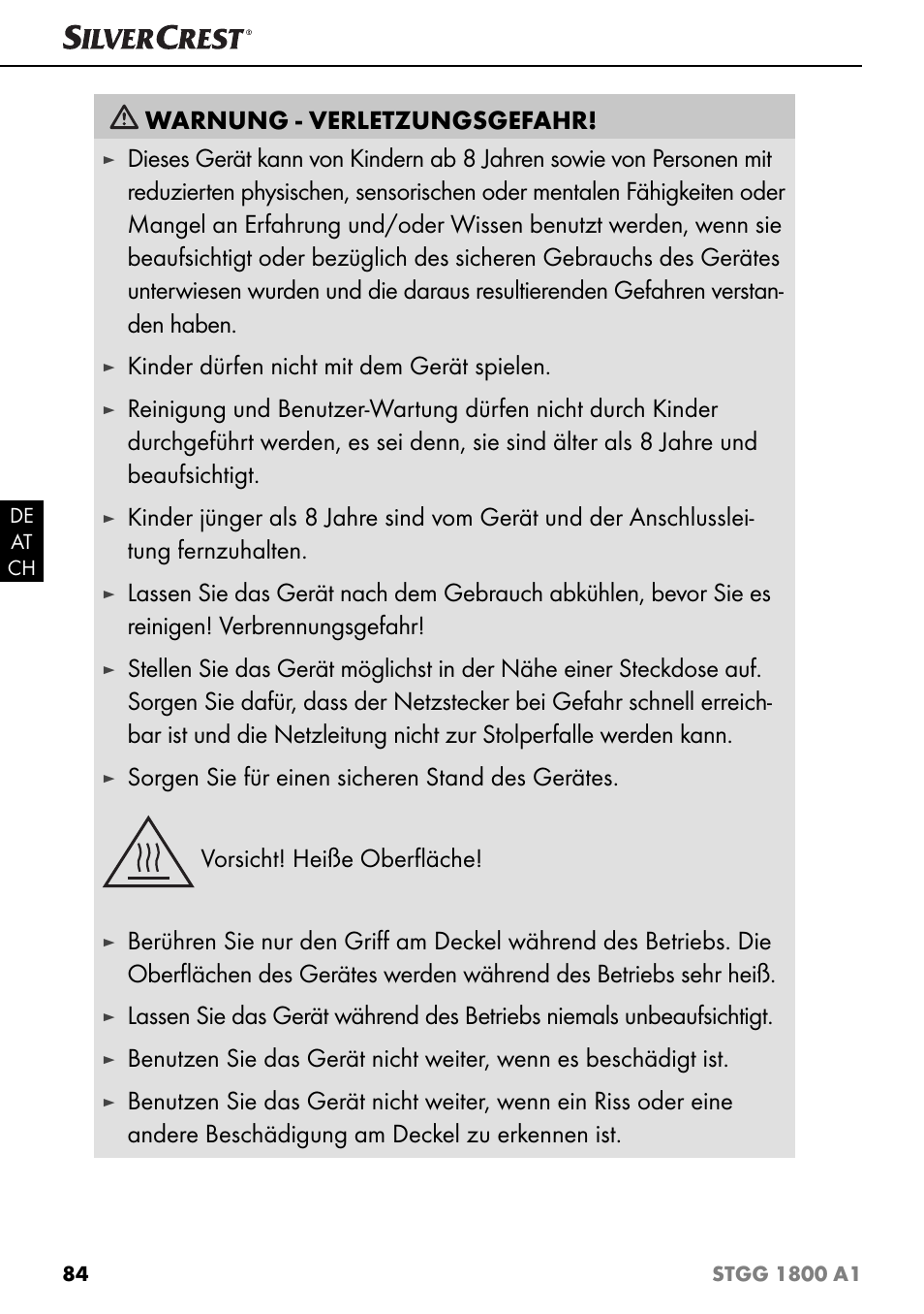 Warnung - verletzungsgefahr, Kinder dürfen nicht mit dem gerät spielen | Silvercrest STGG 1800 A1 User Manual | Page 87 / 100