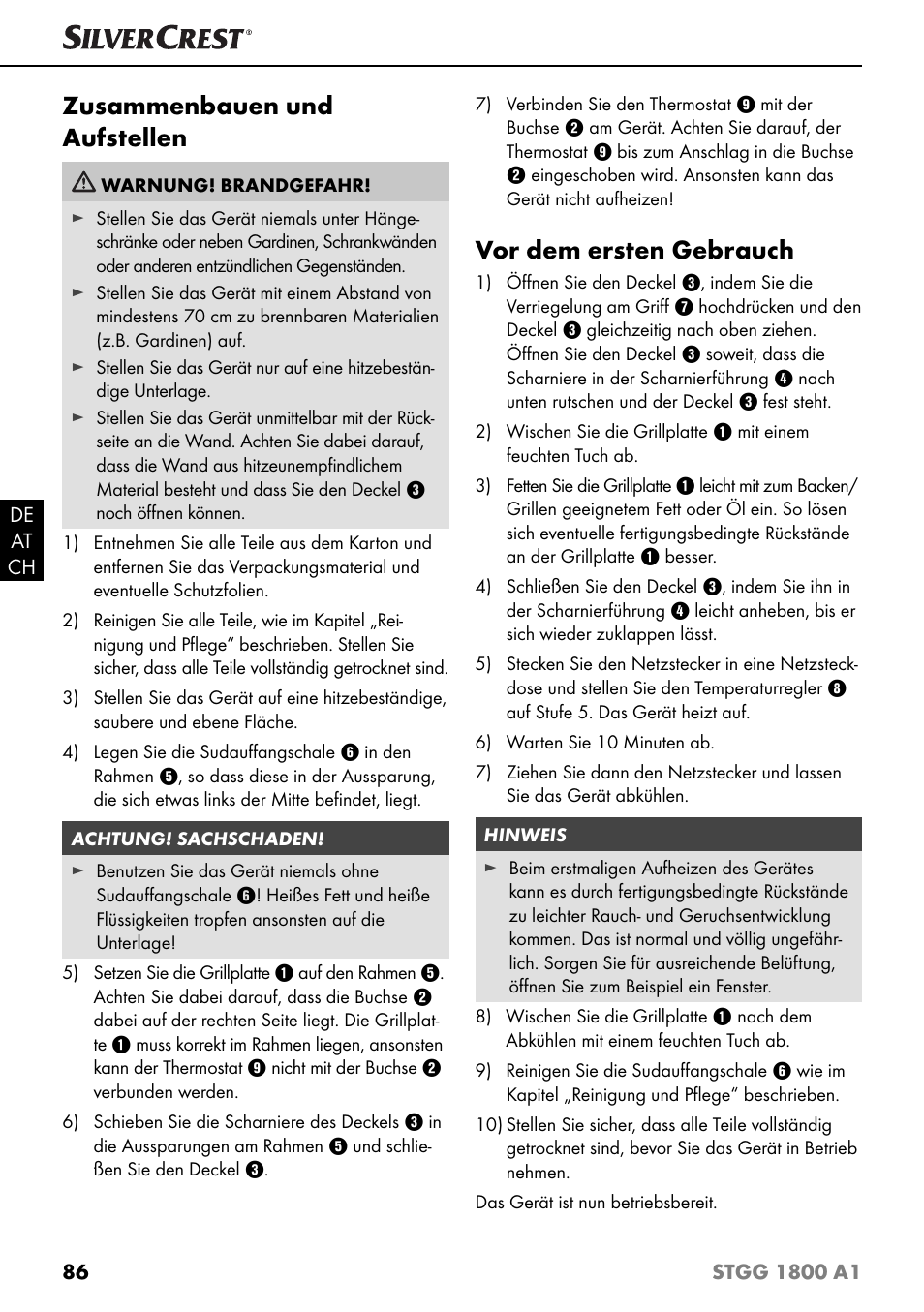 Zusammenbauen und aufstellen, Vor dem ersten gebrauch | Silvercrest STGG 1800 A1 User Manual | Page 89 / 100