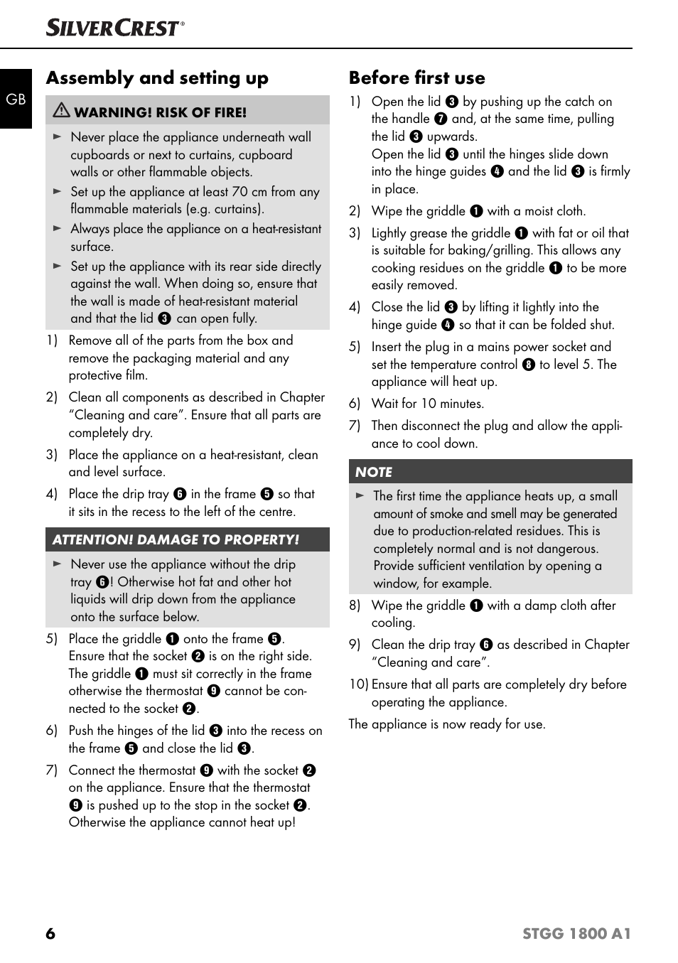 Assembly and setting up, Before ﬁ rst use | Silvercrest STGG 1800 A1 User Manual | Page 9 / 100