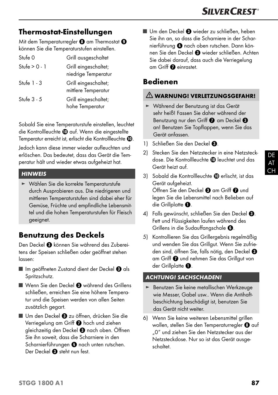 Thermostat-einstellungen, Benutzung des deckels, Bedienen | Silvercrest STGG 1800 A1 User Manual | Page 90 / 100