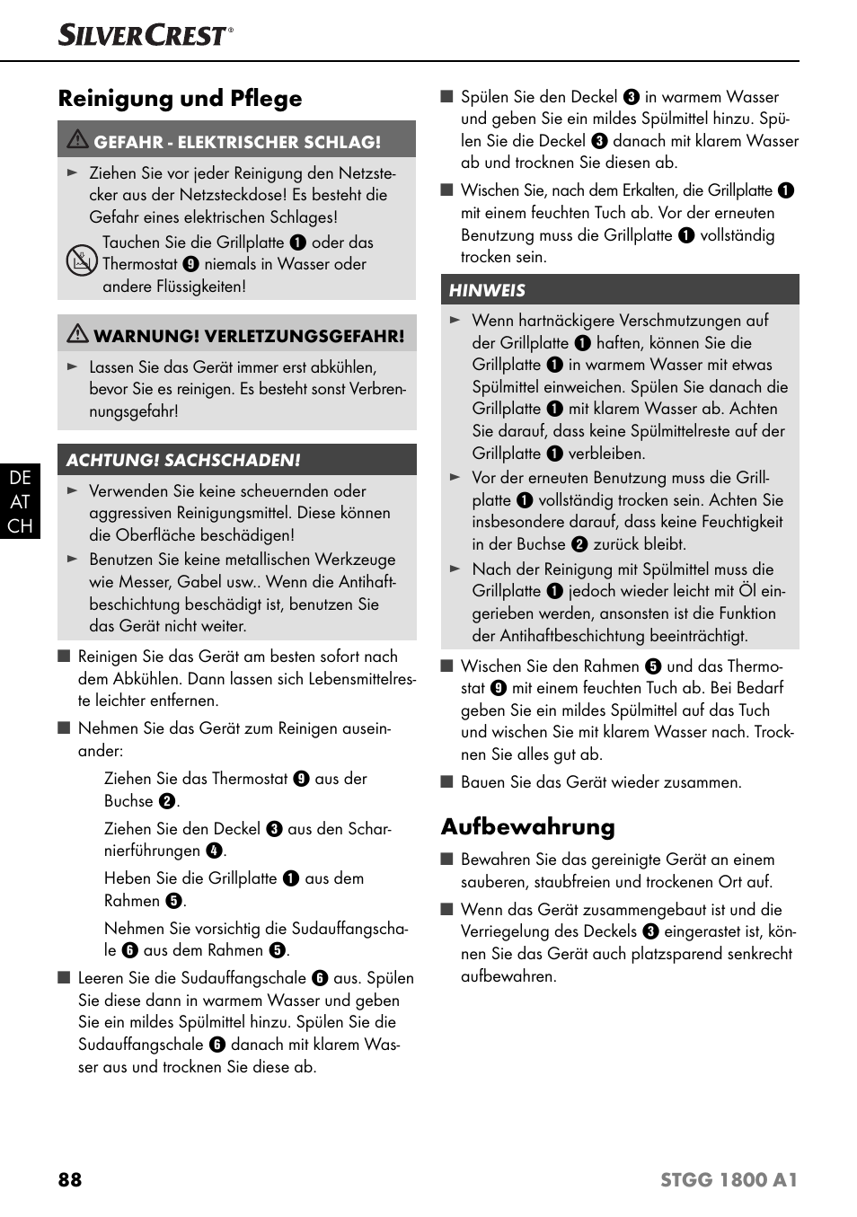 Reinigung und pﬂ ege, Aufbewahrung | Silvercrest STGG 1800 A1 User Manual | Page 91 / 100
