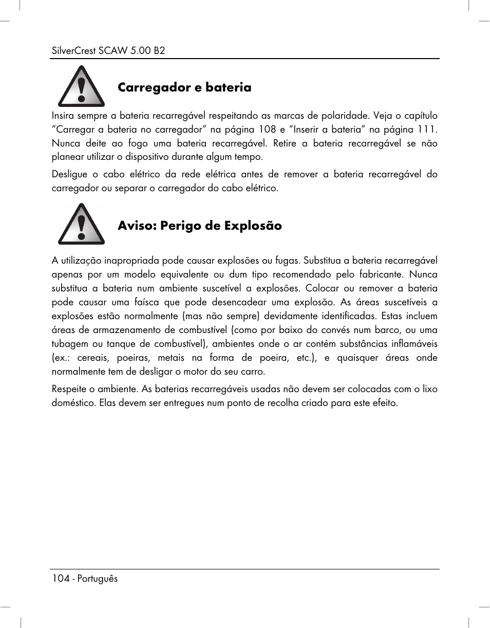 Carregador e bateria, Aviso: perigo de explosão | Silvercrest SCAW 5.00 B2 User Manual | Page 106 / 364