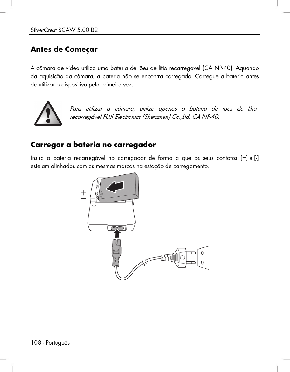 Antes de começar, Carregar a bateria no carregador | Silvercrest SCAW 5.00 B2 User Manual | Page 110 / 364