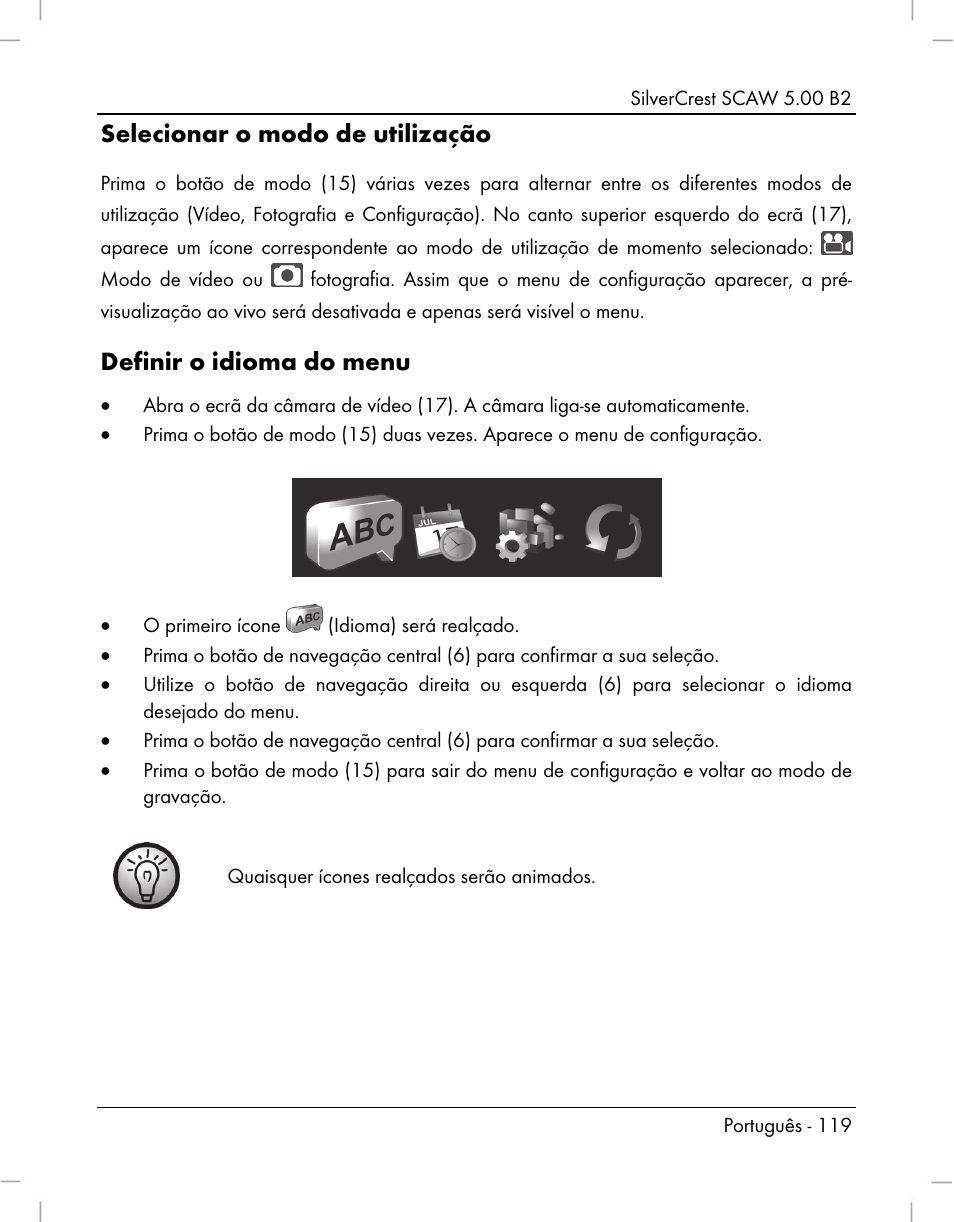 Selecionar o modo de utilização, Definir o idioma do menu | Silvercrest SCAW 5.00 B2 User Manual | Page 121 / 364