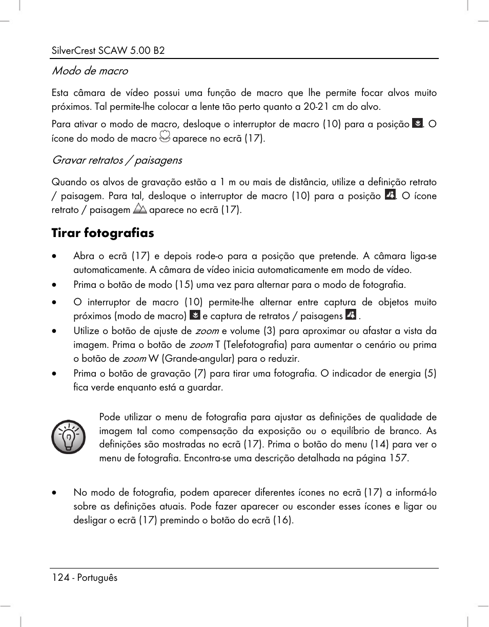 Tirar fotografias, Modo de macro, Gravar retratos / paisagens | Silvercrest SCAW 5.00 B2 User Manual | Page 126 / 364