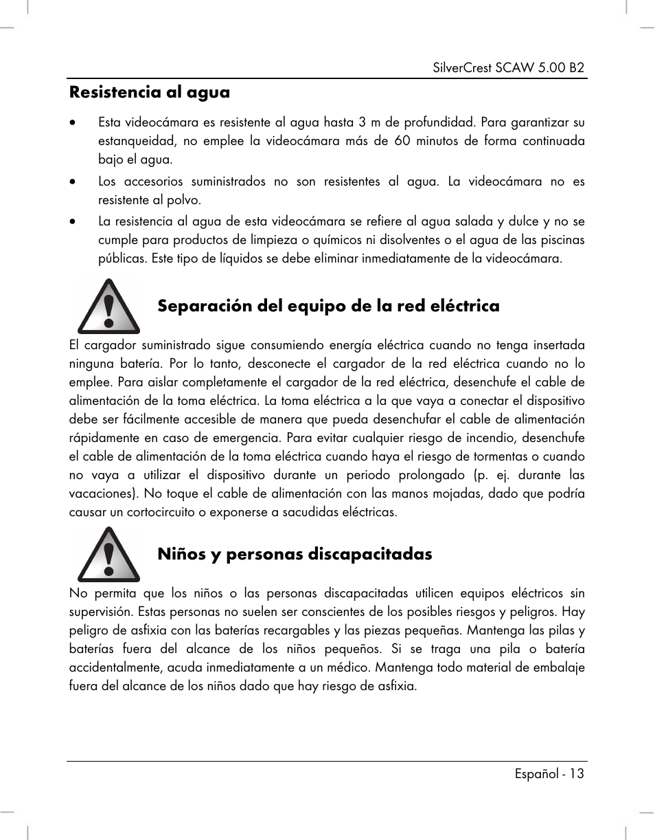 Resistencia al agua, Separación del equipo de la red eléctrica, Niños y personas discapacitadas | Silvercrest SCAW 5.00 B2 User Manual | Page 15 / 364