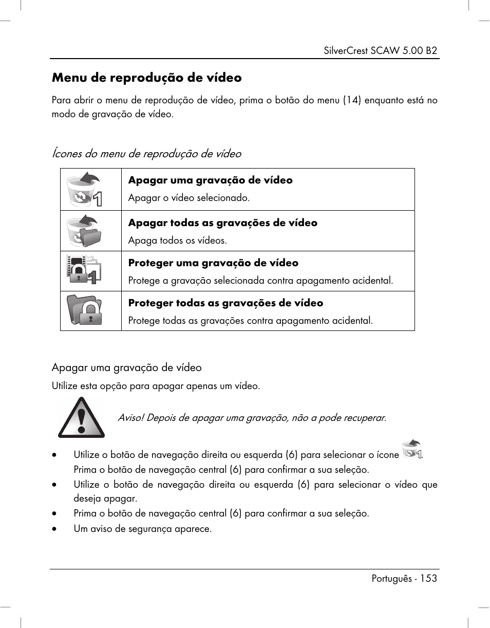 Menu de reprodução de vídeo, Ícones do menu de reprodução de vídeo | Silvercrest SCAW 5.00 B2 User Manual | Page 155 / 364