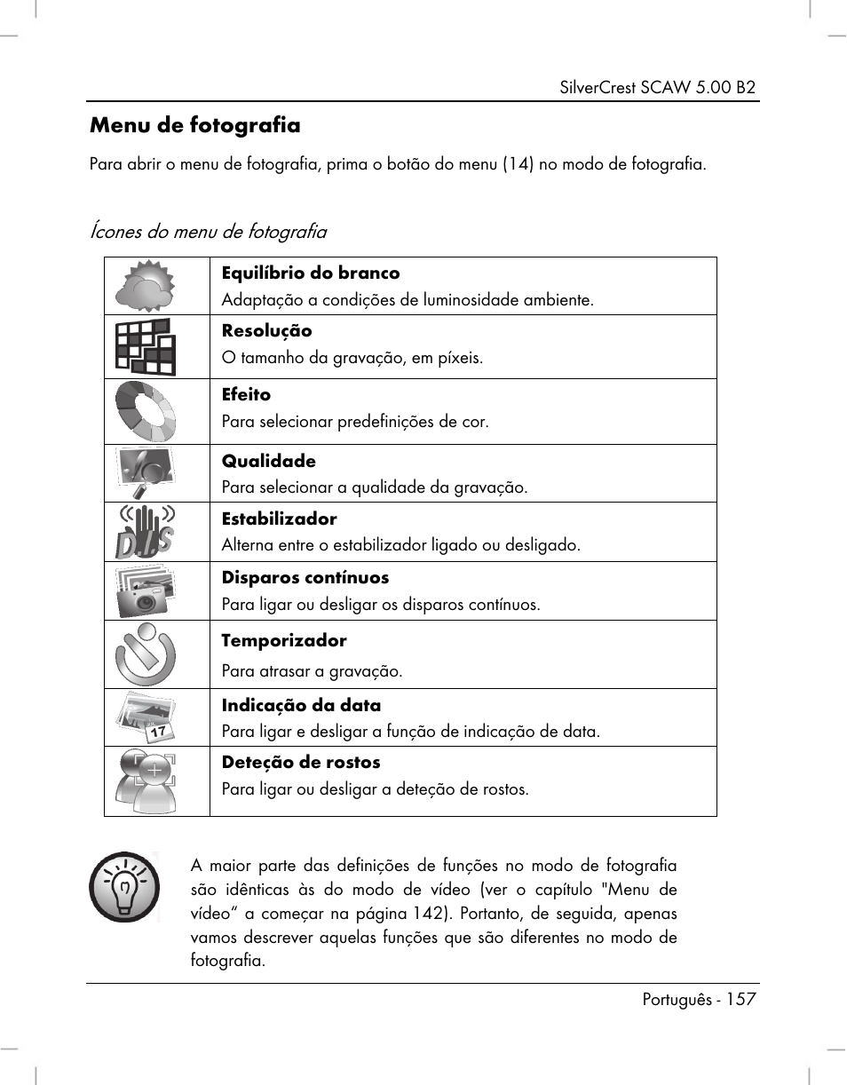 Menu de fotografia, Ícones do menu de fotografia | Silvercrest SCAW 5.00 B2 User Manual | Page 159 / 364