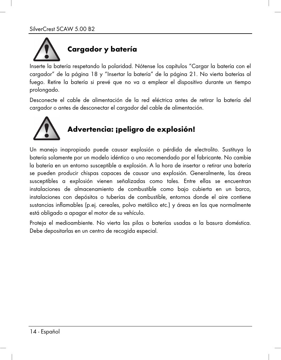 Cargador y batería, Advertencia: ¡peligro de explosión | Silvercrest SCAW 5.00 B2 User Manual | Page 16 / 364