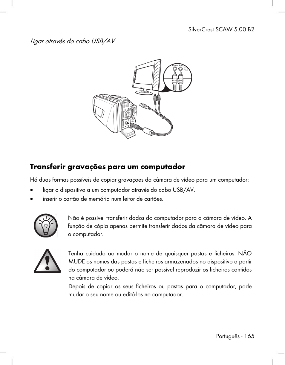 Transferir gravações para um computador, Ligar através do cabo usb/av | Silvercrest SCAW 5.00 B2 User Manual | Page 167 / 364