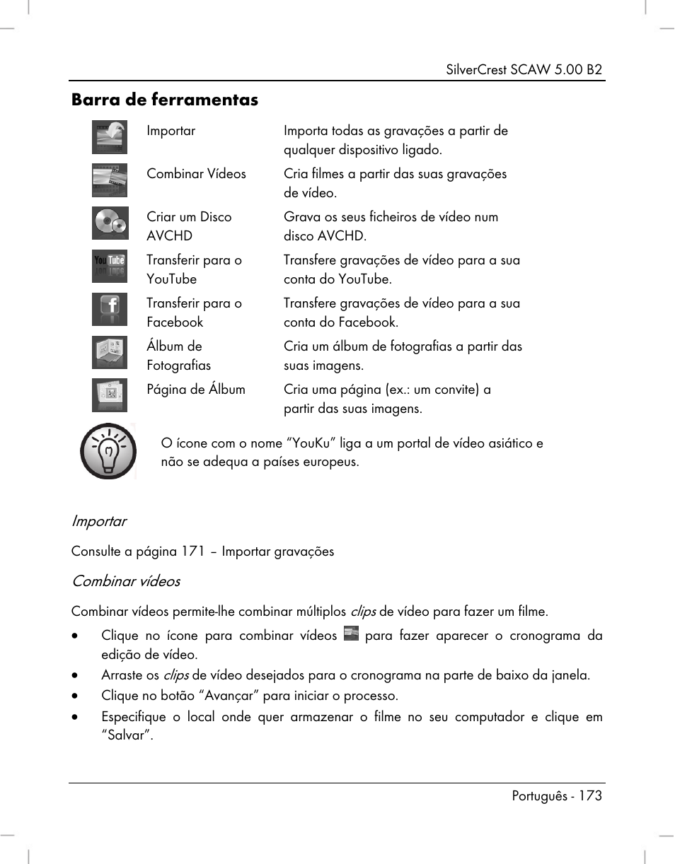 Barra de ferramentas, Importar, Combinar vídeos | Silvercrest SCAW 5.00 B2 User Manual | Page 175 / 364