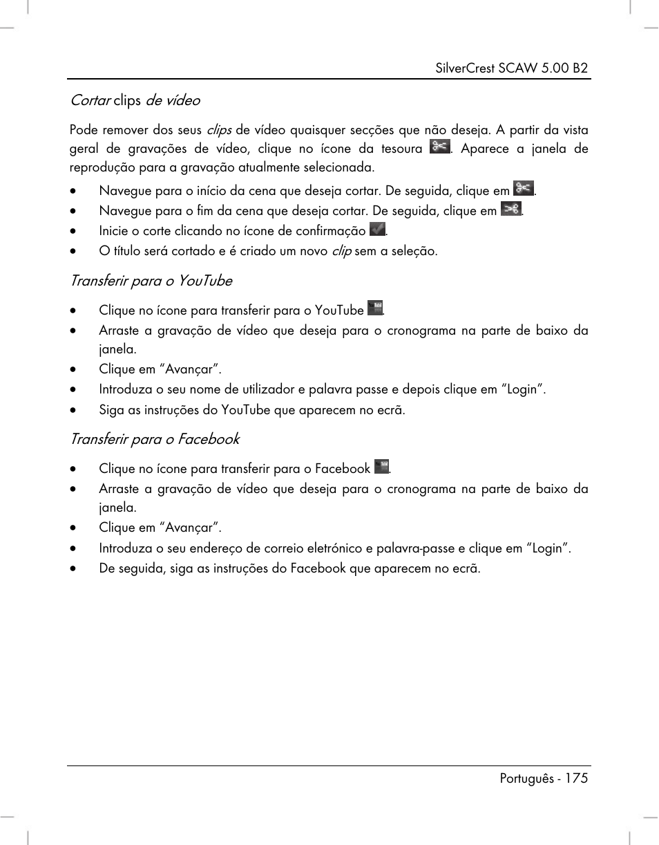 Cortar, De vídeo, Transferir para o youtube | Transferir para o facebook | Silvercrest SCAW 5.00 B2 User Manual | Page 177 / 364