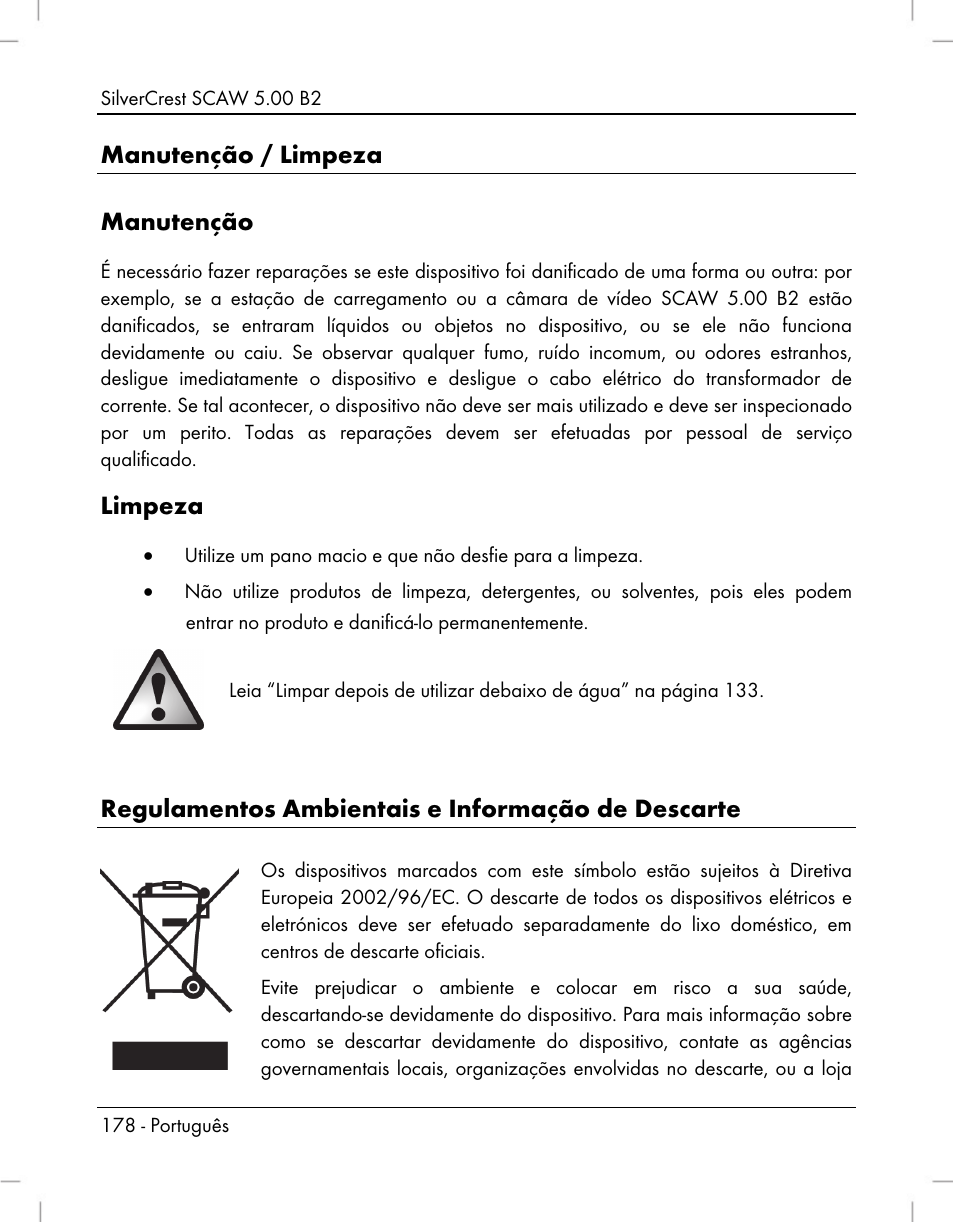 Manutenção / limpeza manutenção, Limpeza, Regulamentos ambientais e informação de descarte | Silvercrest SCAW 5.00 B2 User Manual | Page 180 / 364